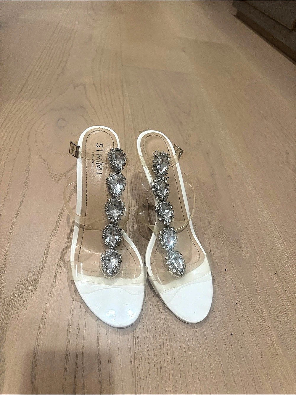 SIMMI Rhinestone Ankle Strap Heels in White